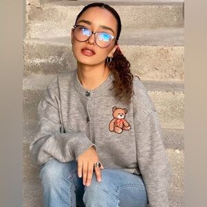 Ash Mystery - NWOT FCT WITH LOVE Gray Teddy Bear Embroidered Cardigan